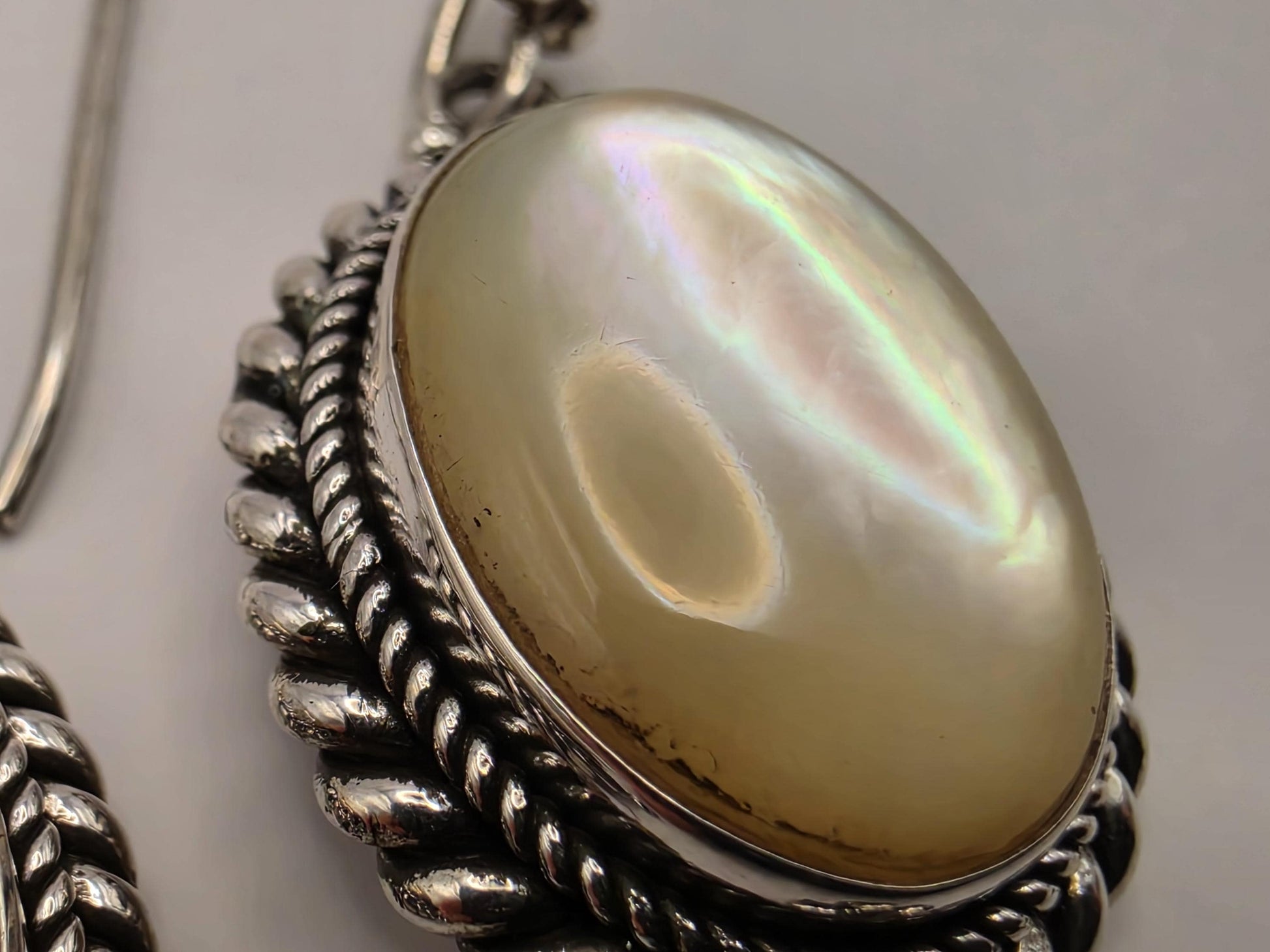 Mother of Pearl Drop Earrings 925 Sterling Silver 1.25 Inch Oval Bali Rope Frame Iridescent Statement Jewelry Gift for Her