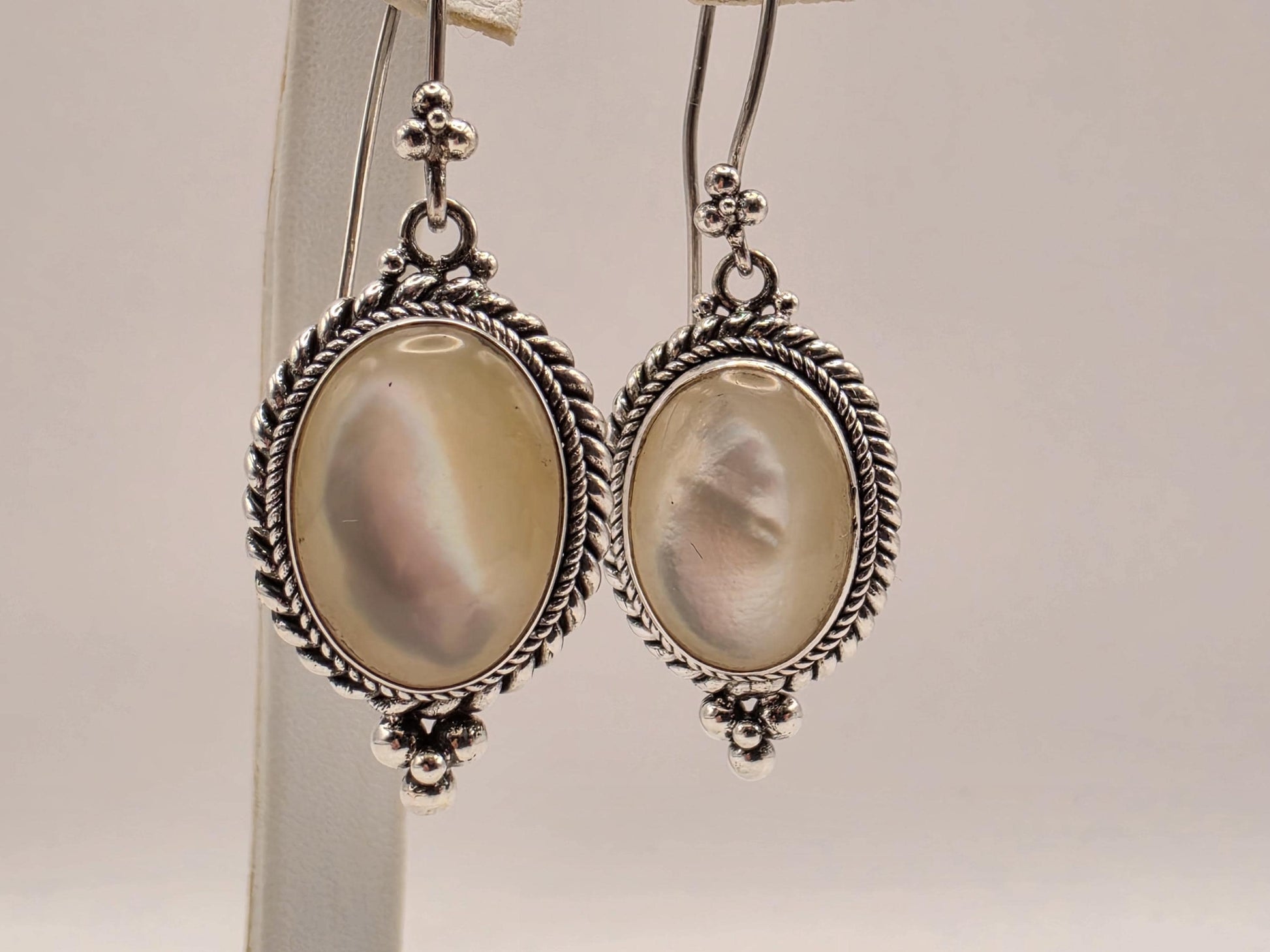 Mother of Pearl Drop Earrings 925 Sterling Silver 1.25 Inch Oval Bali Rope Frame Iridescent Statement Jewelry Gift for Her