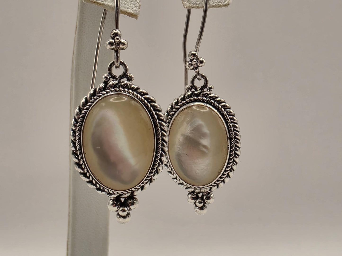 Mother of Pearl Drop Earrings 925 Sterling Silver 1.25 Inch Oval Bali Rope Frame Iridescent Statement Jewelry Gift for Her