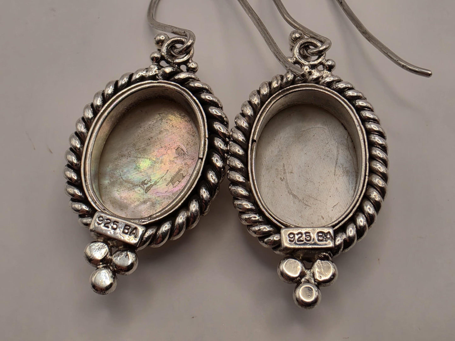 Mother of Pearl Drop Earrings 925 Sterling Silver 1.25 Inch Oval Bali Rope Frame Iridescent Statement Jewelry Gift for Her