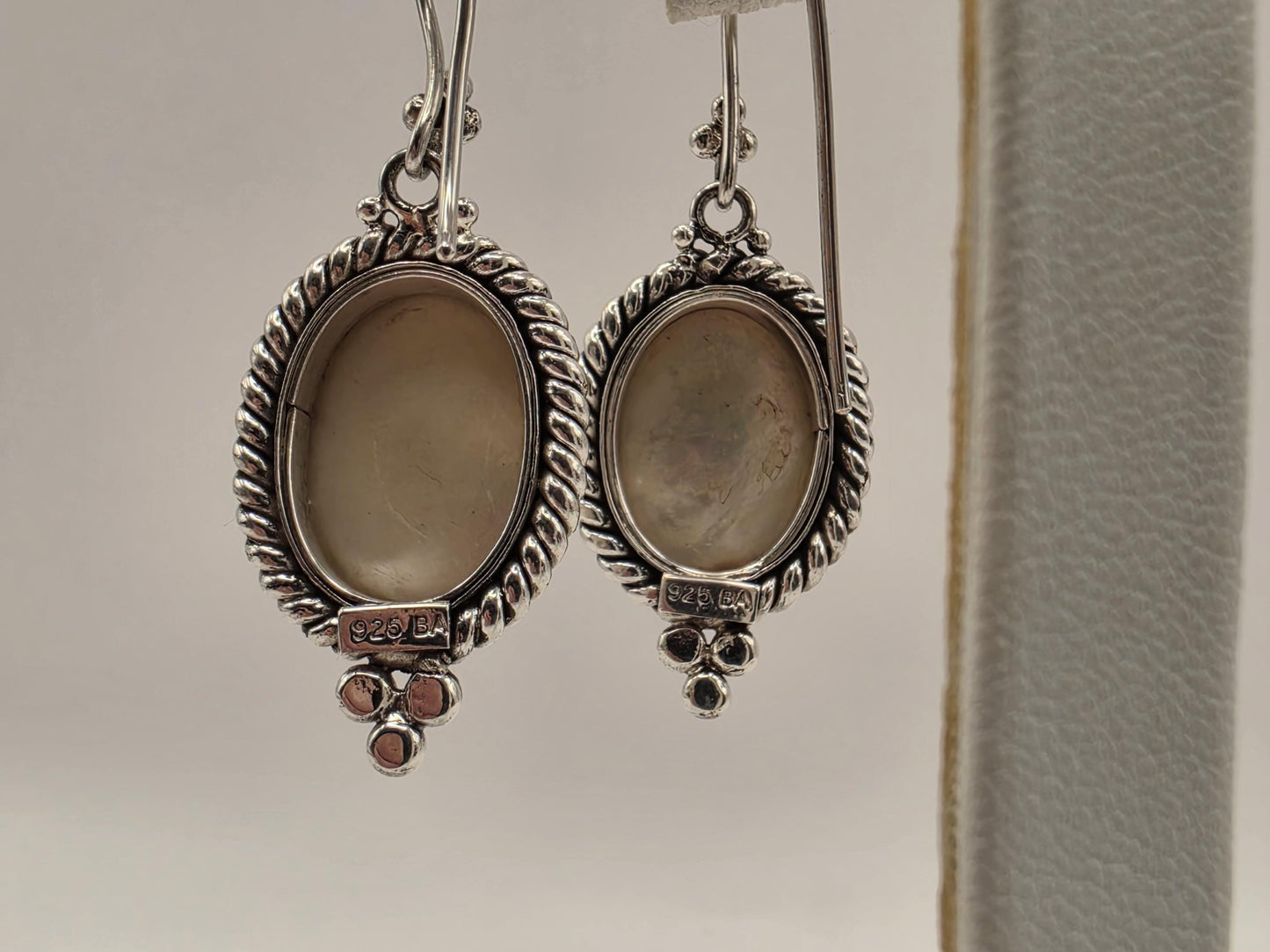 Mother of Pearl Drop Earrings 925 Sterling Silver 1.25 Inch Oval Bali Rope Frame Iridescent Statement Jewelry Gift for Her