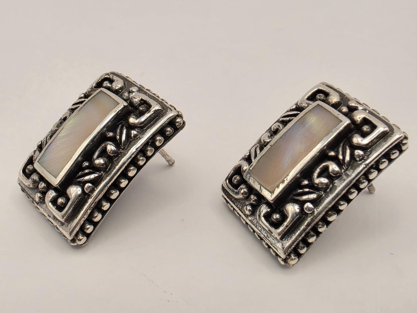 Mother of Pearl Rectangle Earrings 925 Sterling Silver Bali Scroll Frame 3/4 Inch Iridescent Stud Statement Gift for Her