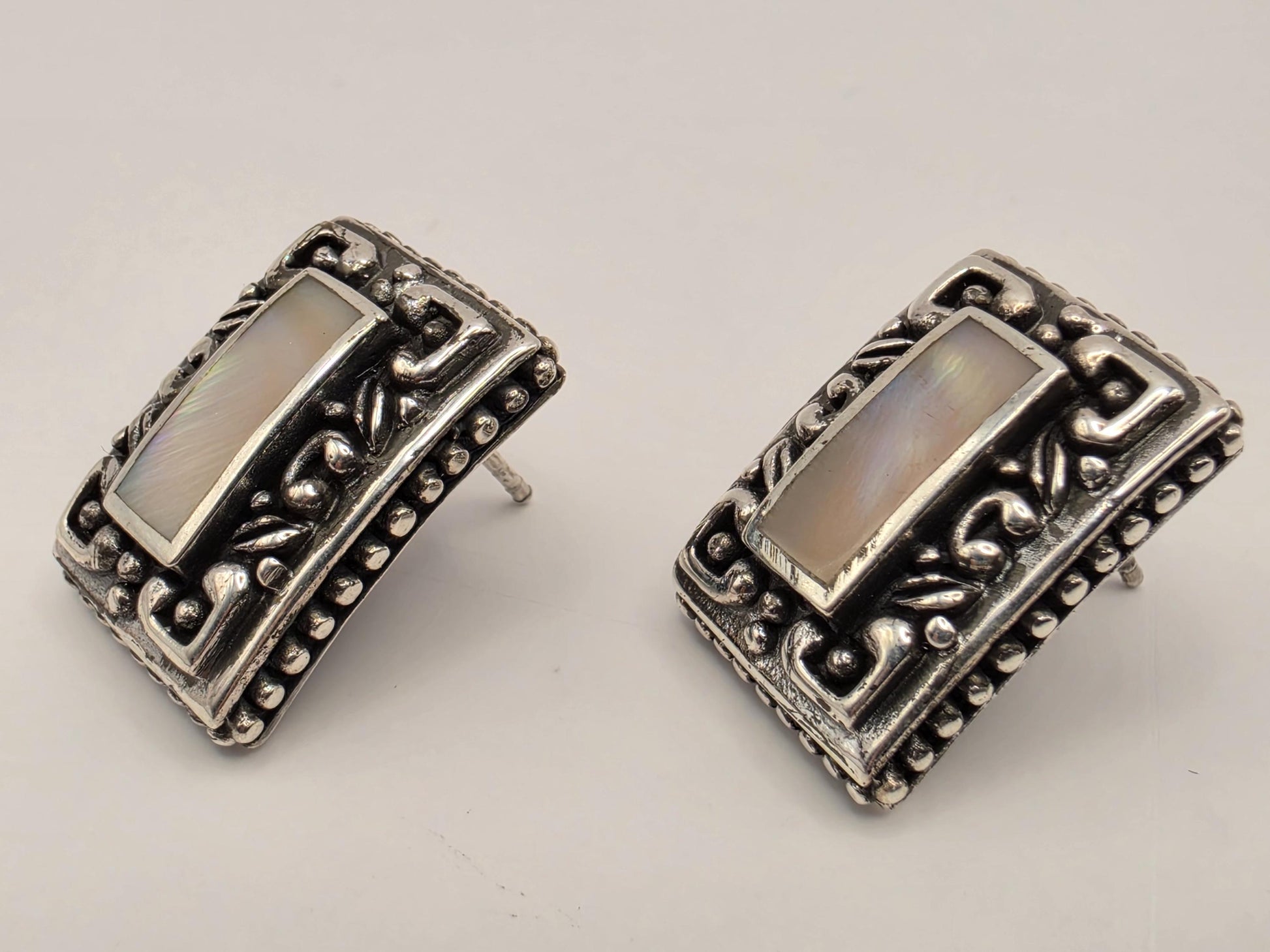 Mother of Pearl Rectangle Earrings 925 Sterling Silver Bali Scroll Frame 3/4 Inch Iridescent Stud Statement Gift for Her
