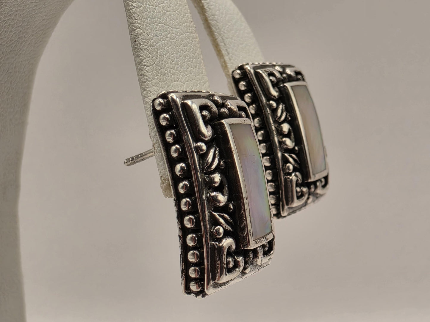 Mother of Pearl Rectangle Earrings 925 Sterling Silver Bali Scroll Frame 3/4 Inch Iridescent Stud Statement Gift for Her