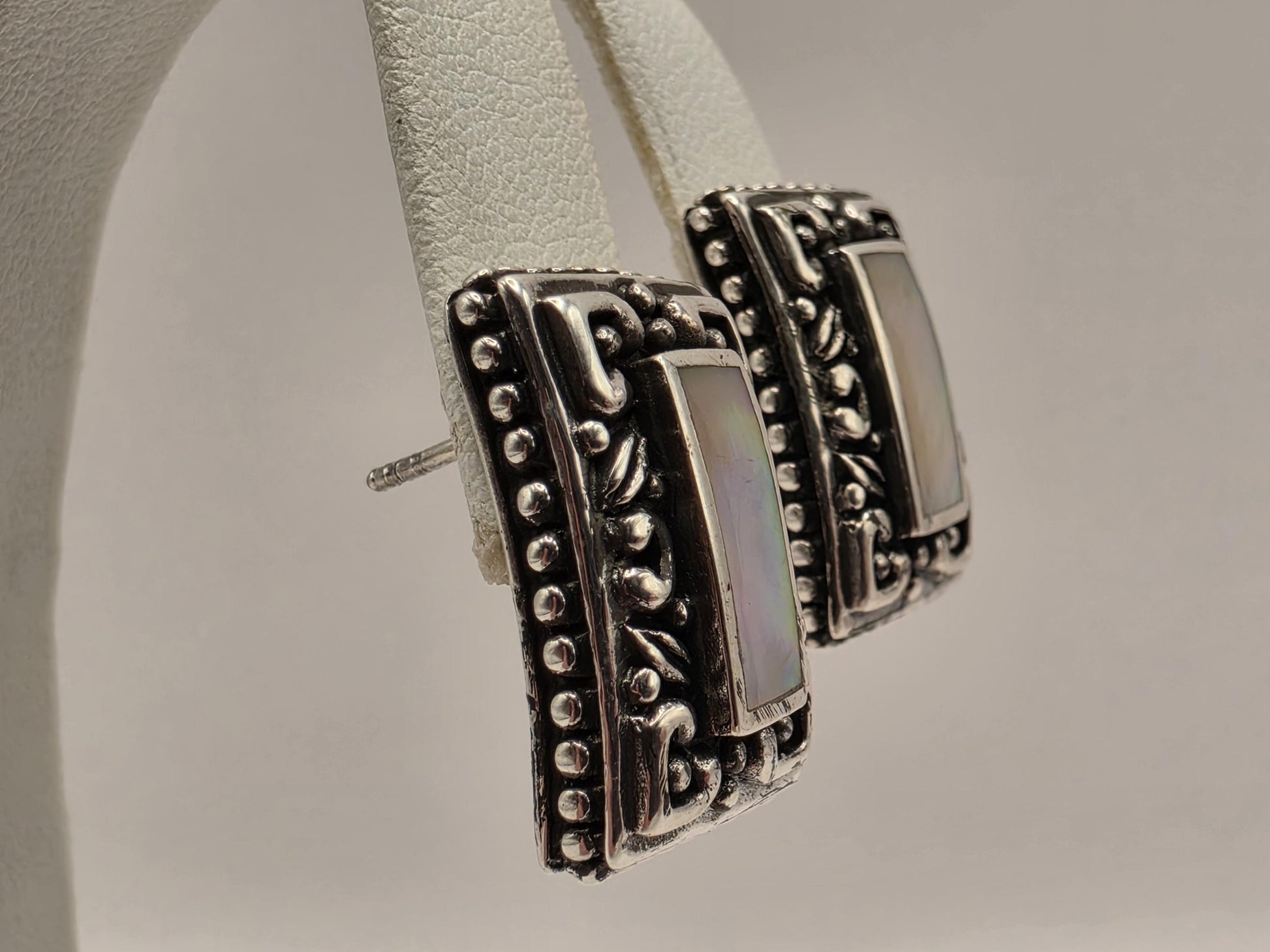 Mother of Pearl Rectangle Earrings 925 Sterling Silver Bali Scroll Frame 3/4 Inch Iridescent Stud Statement Gift for Her