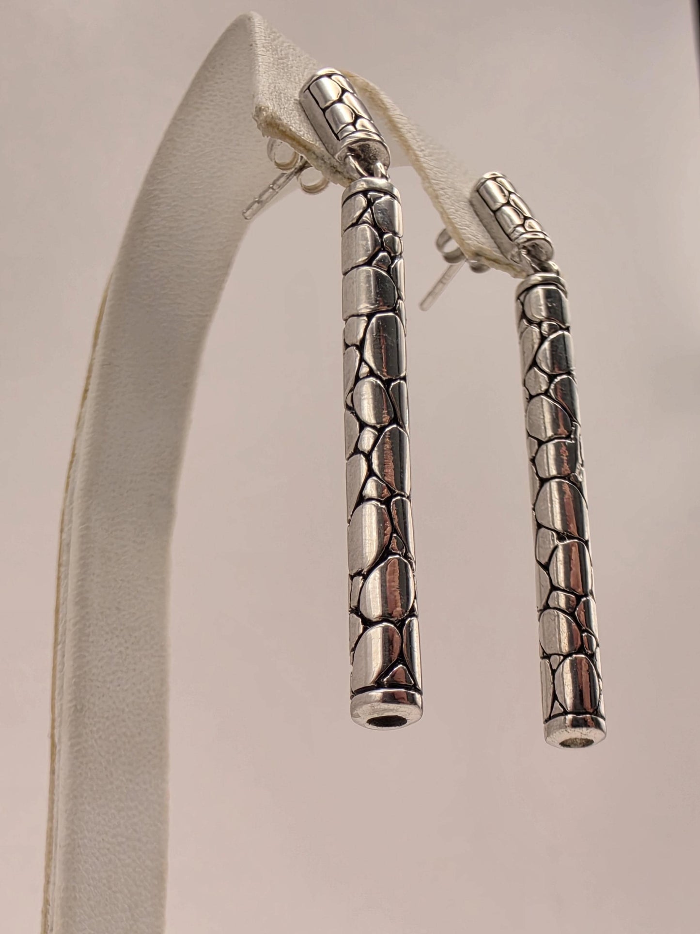 Sterling Silver Woven Bar Drop Earrings 2 Inch Bali Oxidized Link Dangle 11.1 Grams Geometric Statement Gift for Her