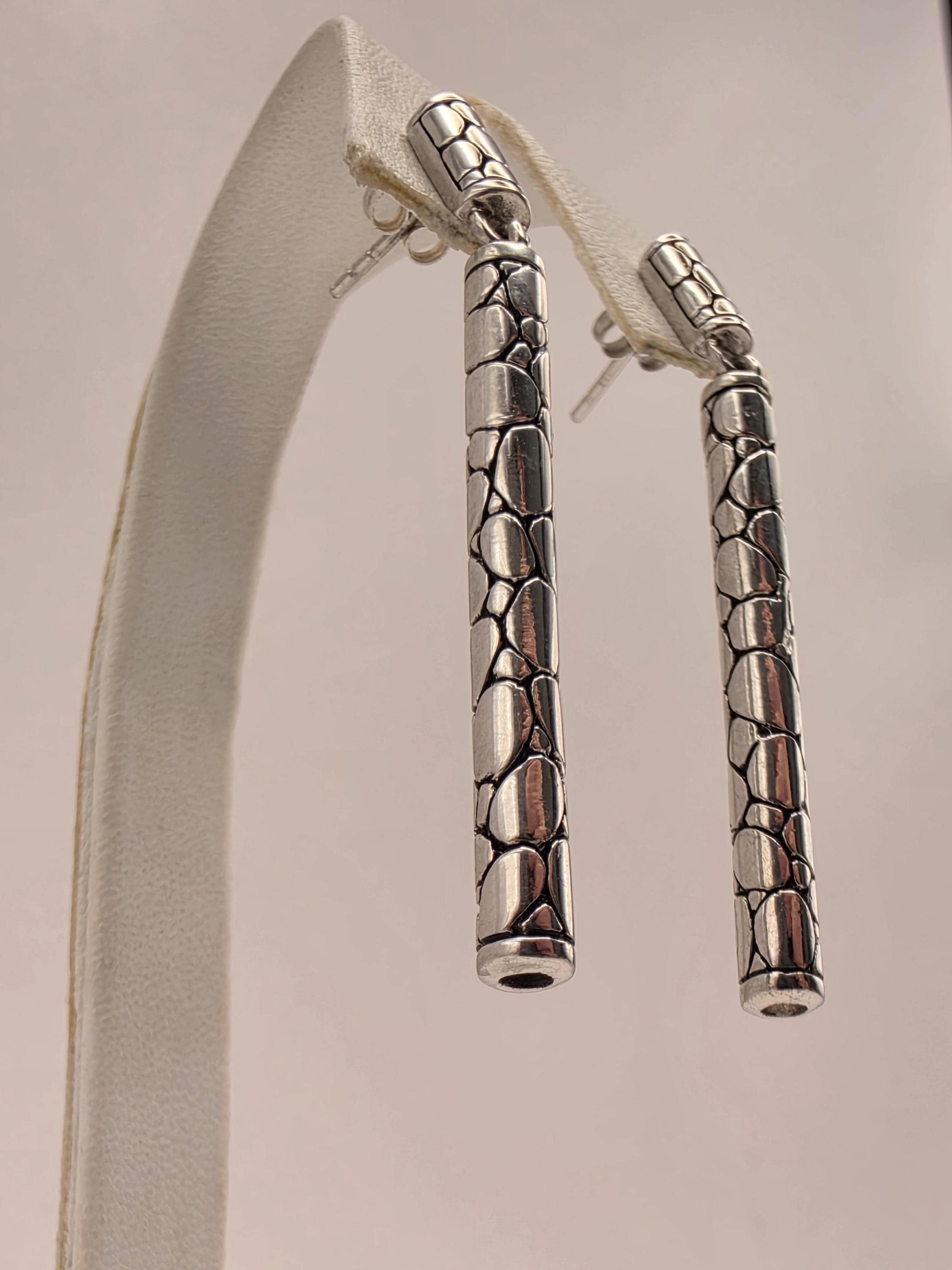 Sterling Silver Woven Bar Drop Earrings 2 Inch Bali Oxidized Link Dangle 11.1 Grams Geometric Statement Gift for Her