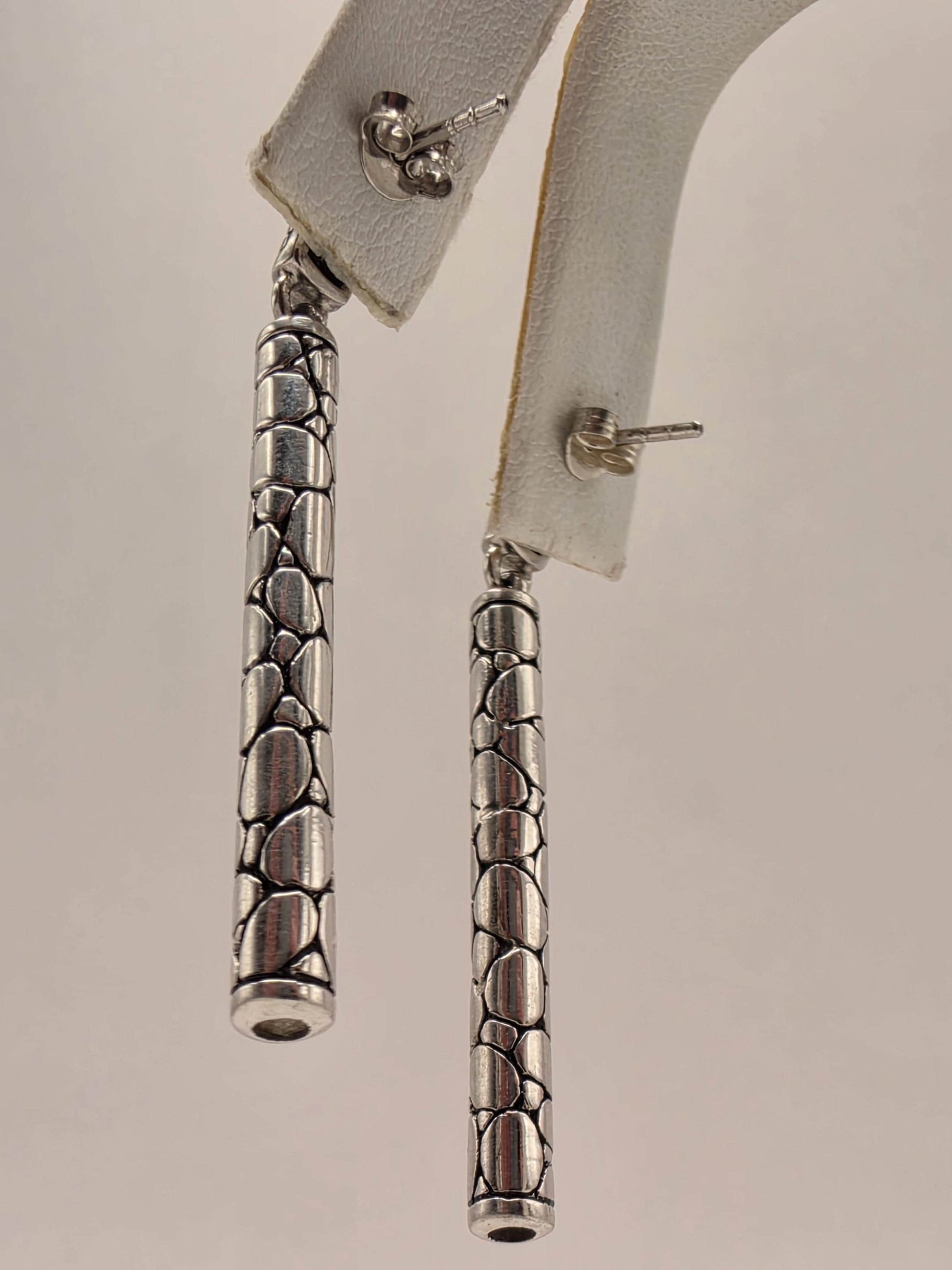 Sterling Silver Woven Bar Drop Earrings 2 Inch Bali Oxidized Link Dangle 11.1 Grams Geometric Statement Gift for Her