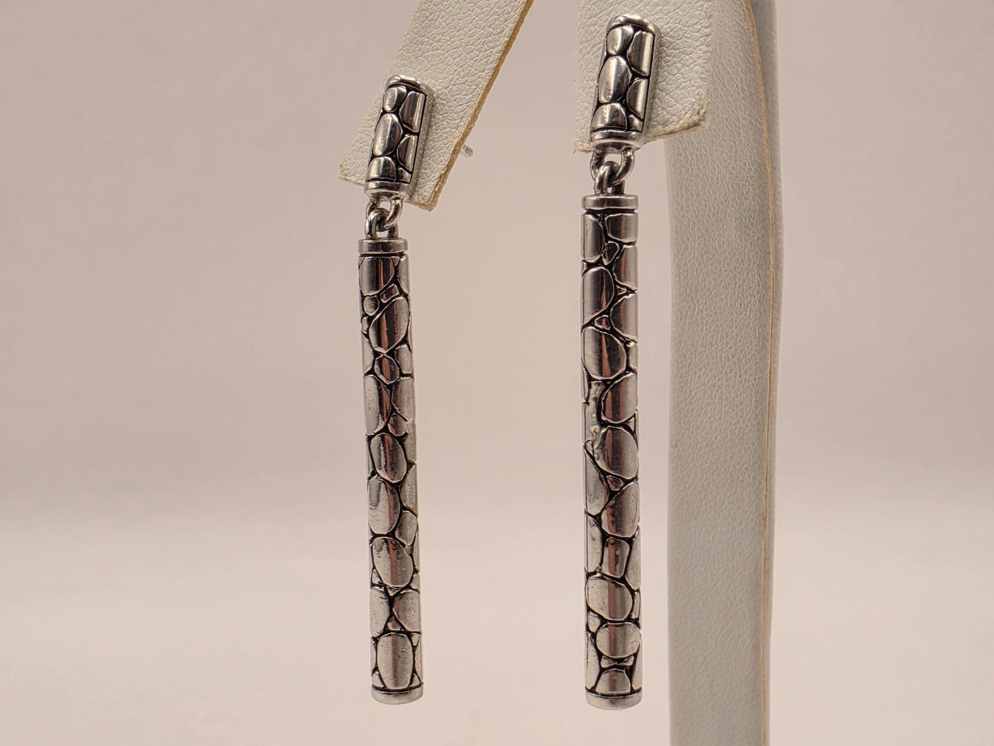 Sterling Silver Woven Bar Drop Earrings 2 Inch Bali Oxidized Link Dangle 11.1 Grams Geometric Statement Gift for Her
