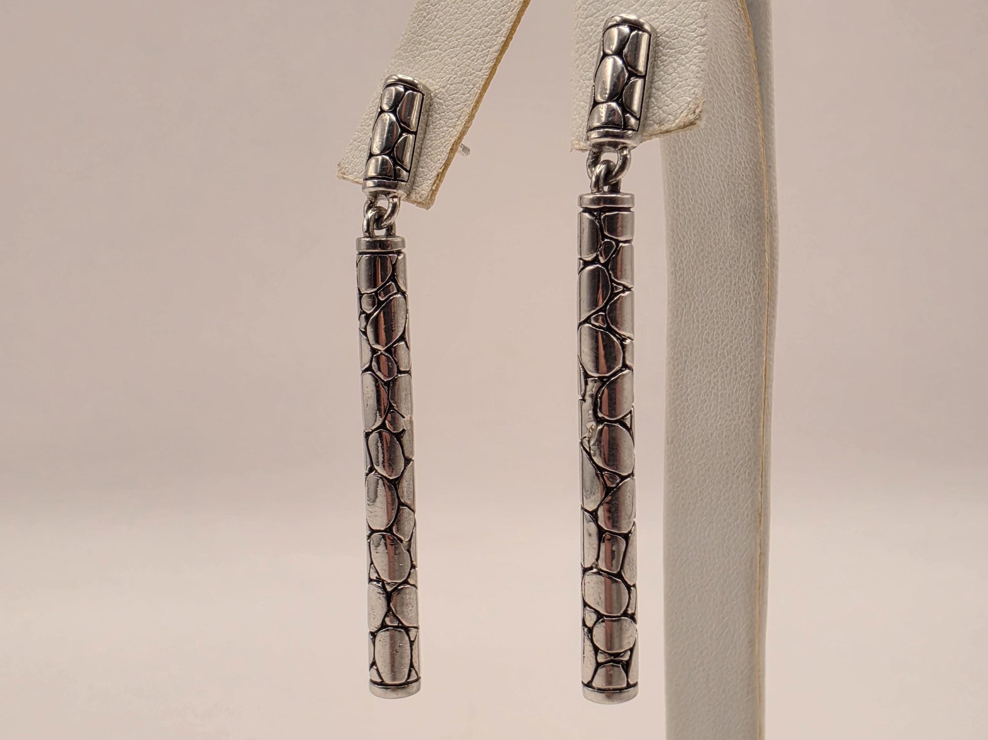 Sterling Silver Woven Bar Drop Earrings 2 Inch Bali Oxidized Link Dangle 11.1 Grams Geometric Statement Gift for Her