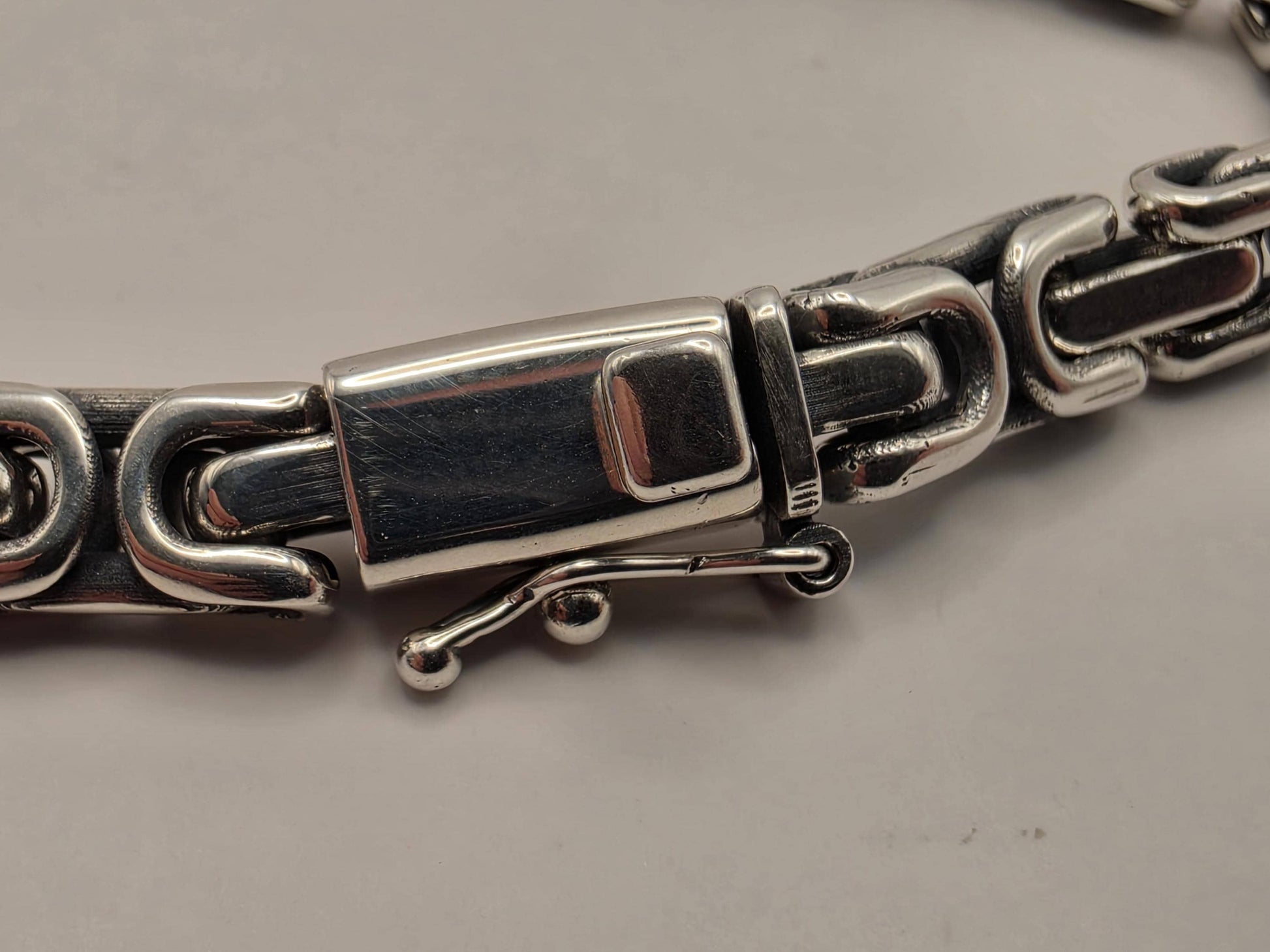 Sterling Silver Greek Key Bracelet 9 Inch 6.25mm Mens Meander Link 27.4 Grams Oxidized Geometric Chain Gift for Him