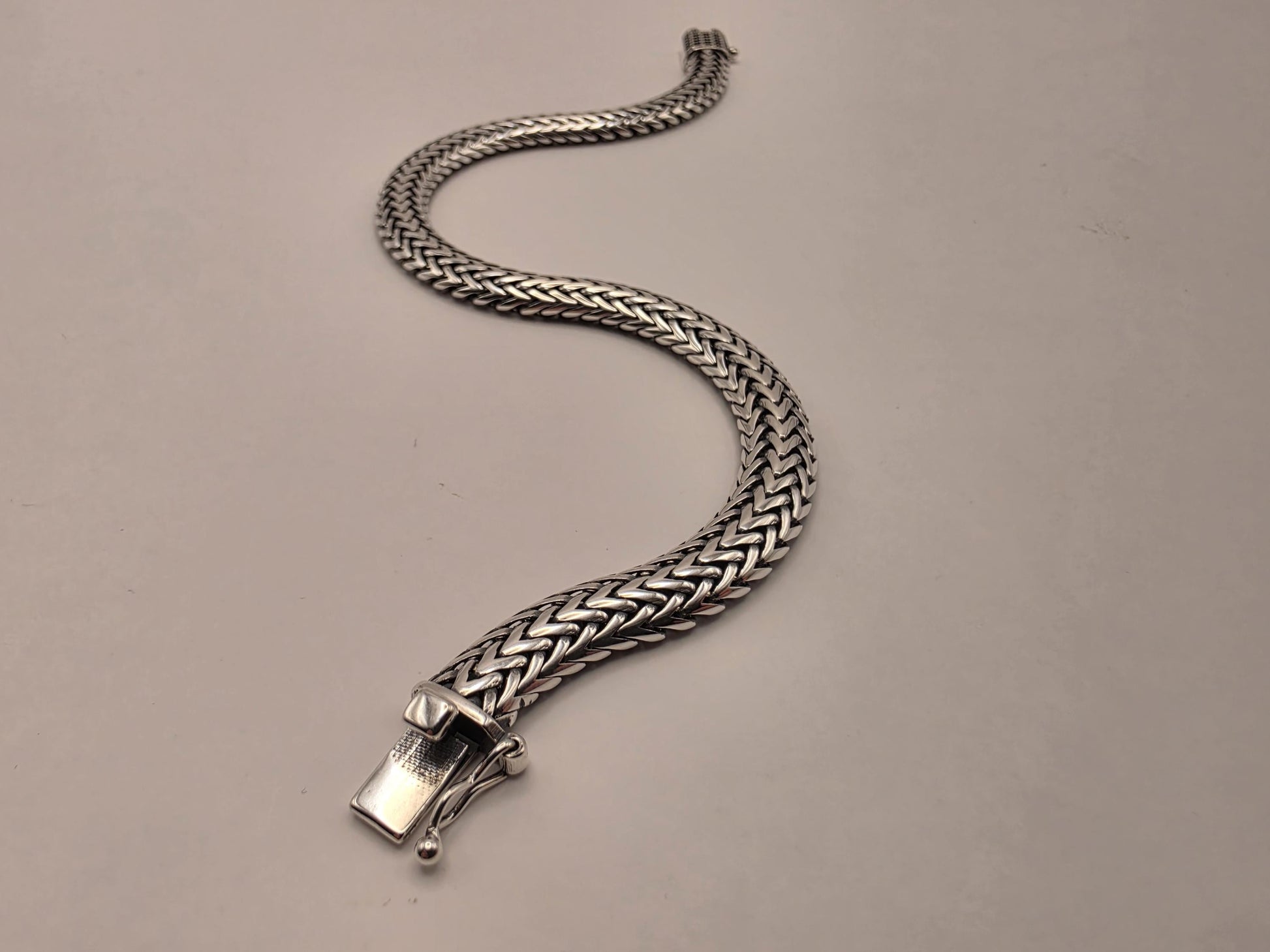 Sterling Silver Woven Chevron Bracelet 9 Inch 7mm Mens Braided V Link 22.3 Grams Oxidized Box Clasp Gift for Him