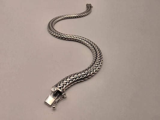 Sterling Silver Woven Chevron Bracelet 9 Inch 7mm Mens Braided V Link 22.3 Grams Oxidized Box Clasp Gift for Him