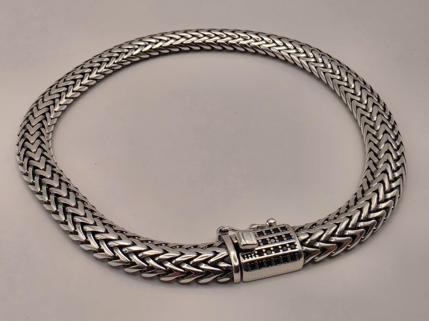 Sterling Silver Woven Chevron Bracelet 9 Inch 7mm Mens Braided V Link 22.3 Grams Oxidized Box Clasp Gift for Him