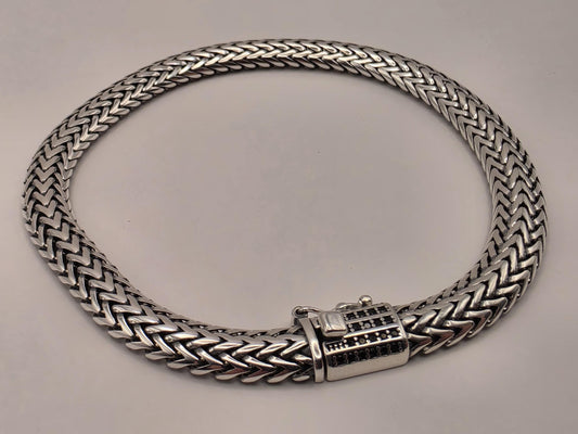 Sterling Silver Woven Chevron Bracelet 9 Inch 7mm Mens Braided V Link 22.3 Grams Oxidized Box Clasp Gift for Him