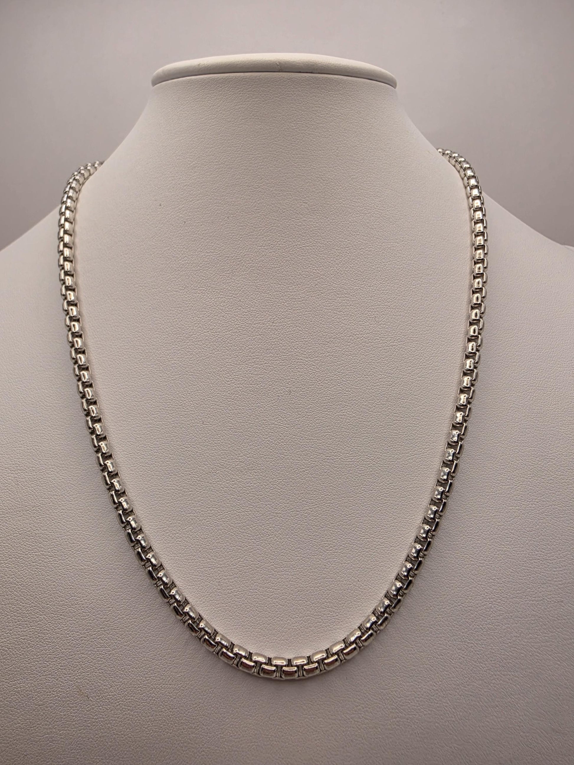 Sterling Silver Box Chain Necklace 20 Inch 4.45mm Mens Heavy Square Link 44.7 Grams Unisex Polished Jewelry Gift