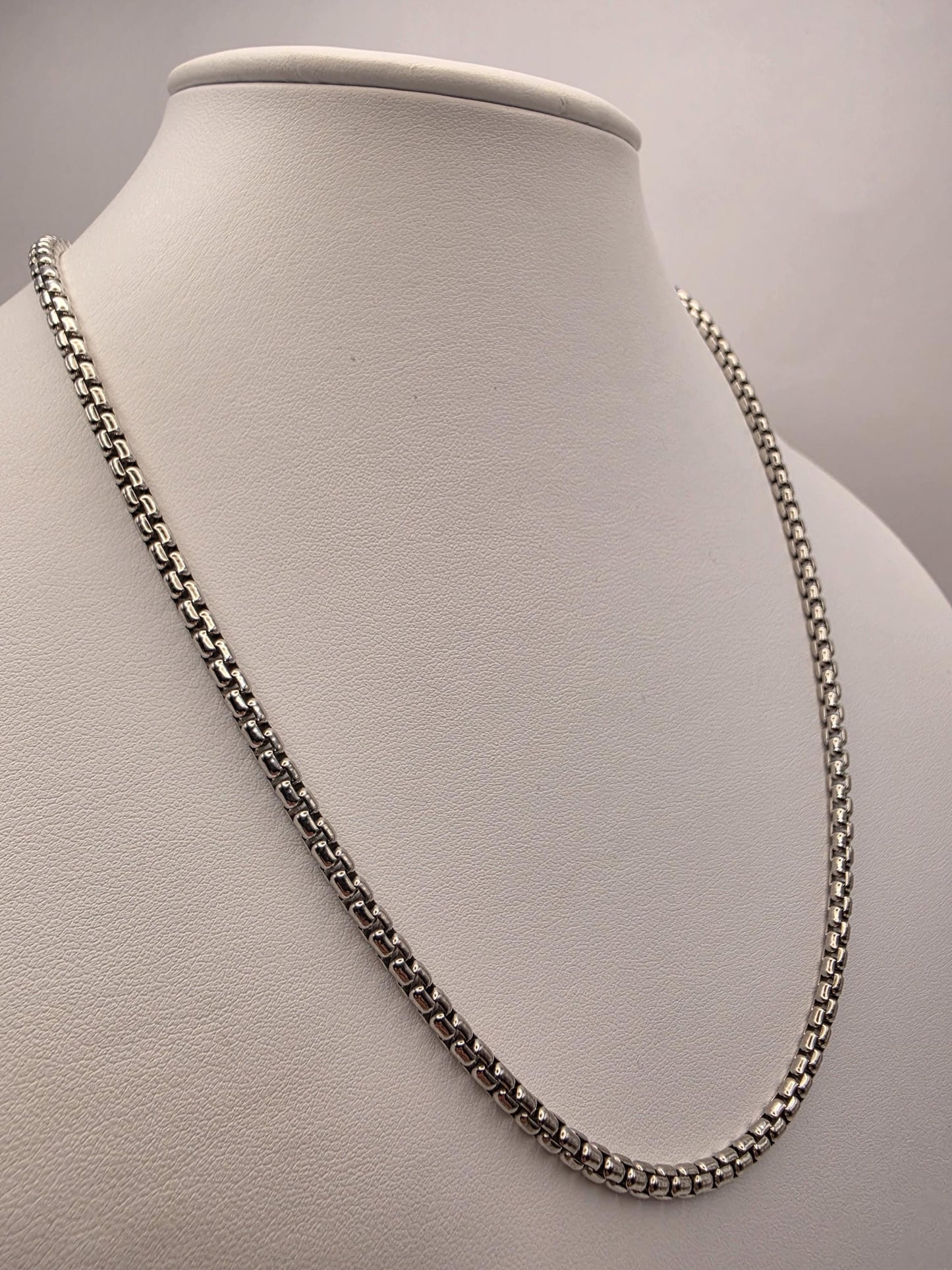 Sterling Silver Box Chain Necklace 20 Inch 3.55mm Mens Square Link 30.8 Grams Unisex Everyday Layering Jewelry Gift