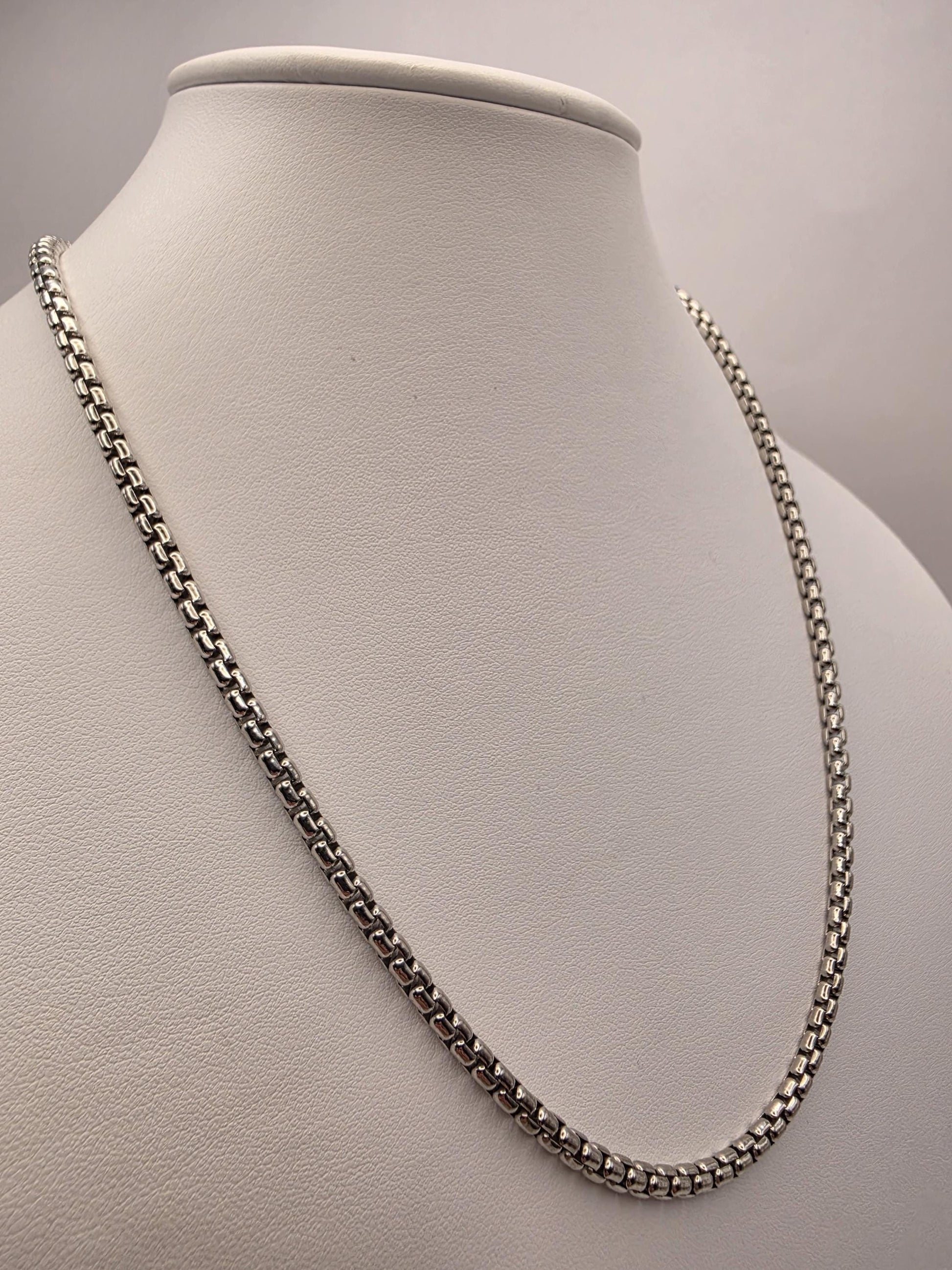 Sterling Silver Box Chain Necklace 20 Inch 3.55mm Mens Square Link 30.8 Grams Unisex Everyday Layering Jewelry Gift