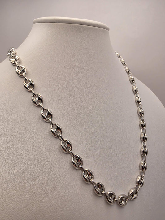Sterling Silver Mariner Chain Necklace 20 Inch 8mm Coffee Bean Link 24.5 Grams Nautical Unisex Statement Jewelry Gift