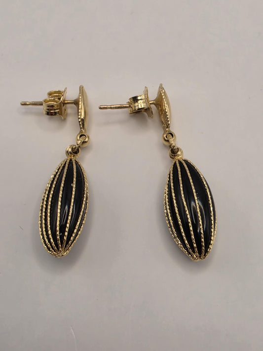 14K Yellow Gold Black Onyx Fluted Drop Earrings 1 x 0.375" 4.4g