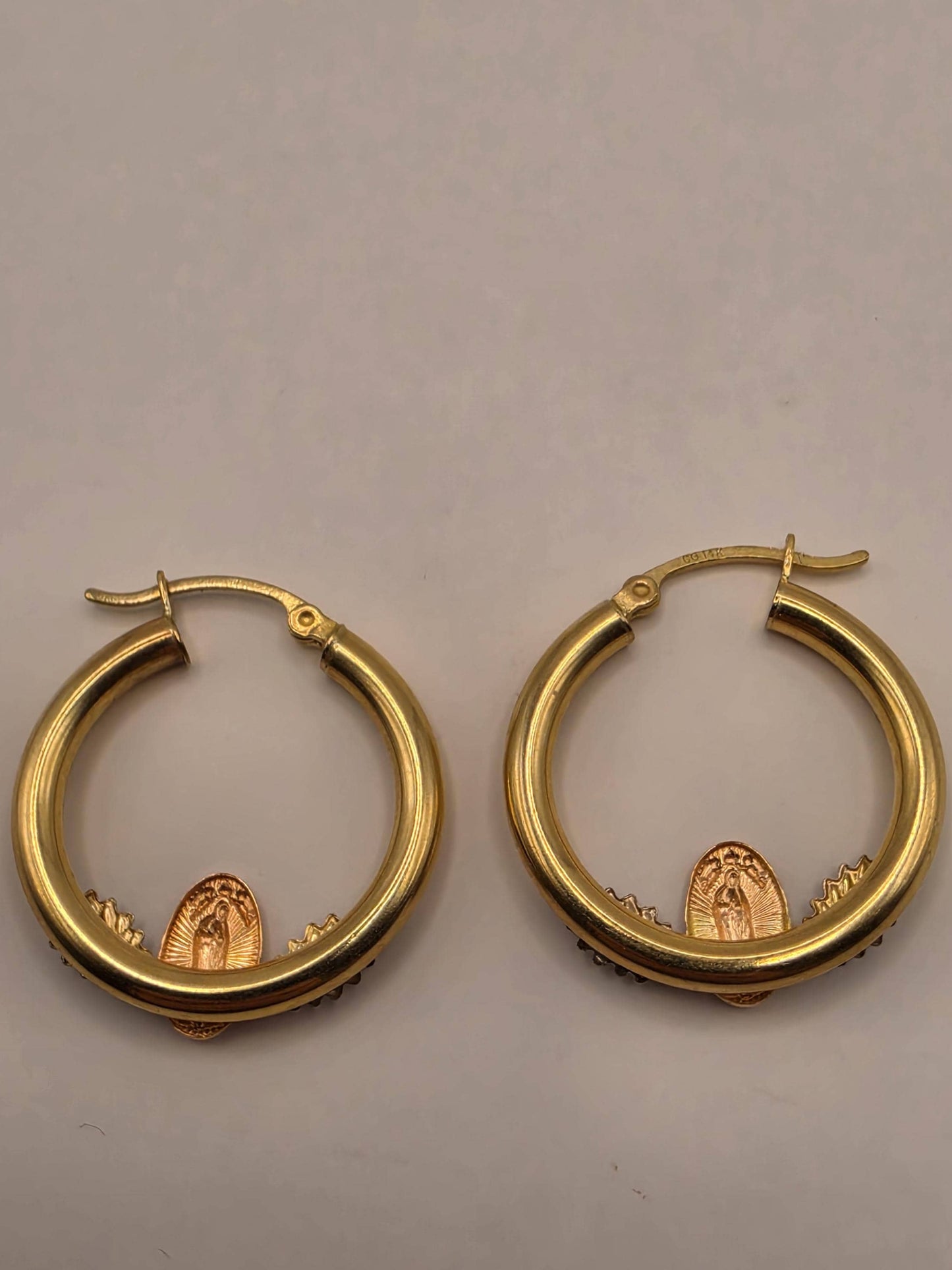14K Tri-Color Gold Virgin Mary Hoop Earrings 1 Inch 2.4g Solid Gold Religious Fine Jewelry Gift