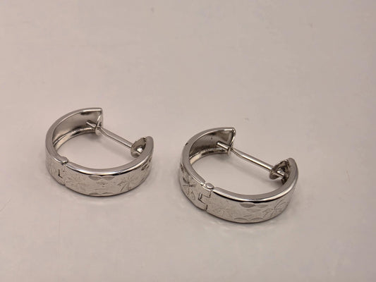 14K White Gold Patterned Huggie Hoop Earrings 0.5 Inch 1.9g Solid Gold Fine Jewelry Gift for Her