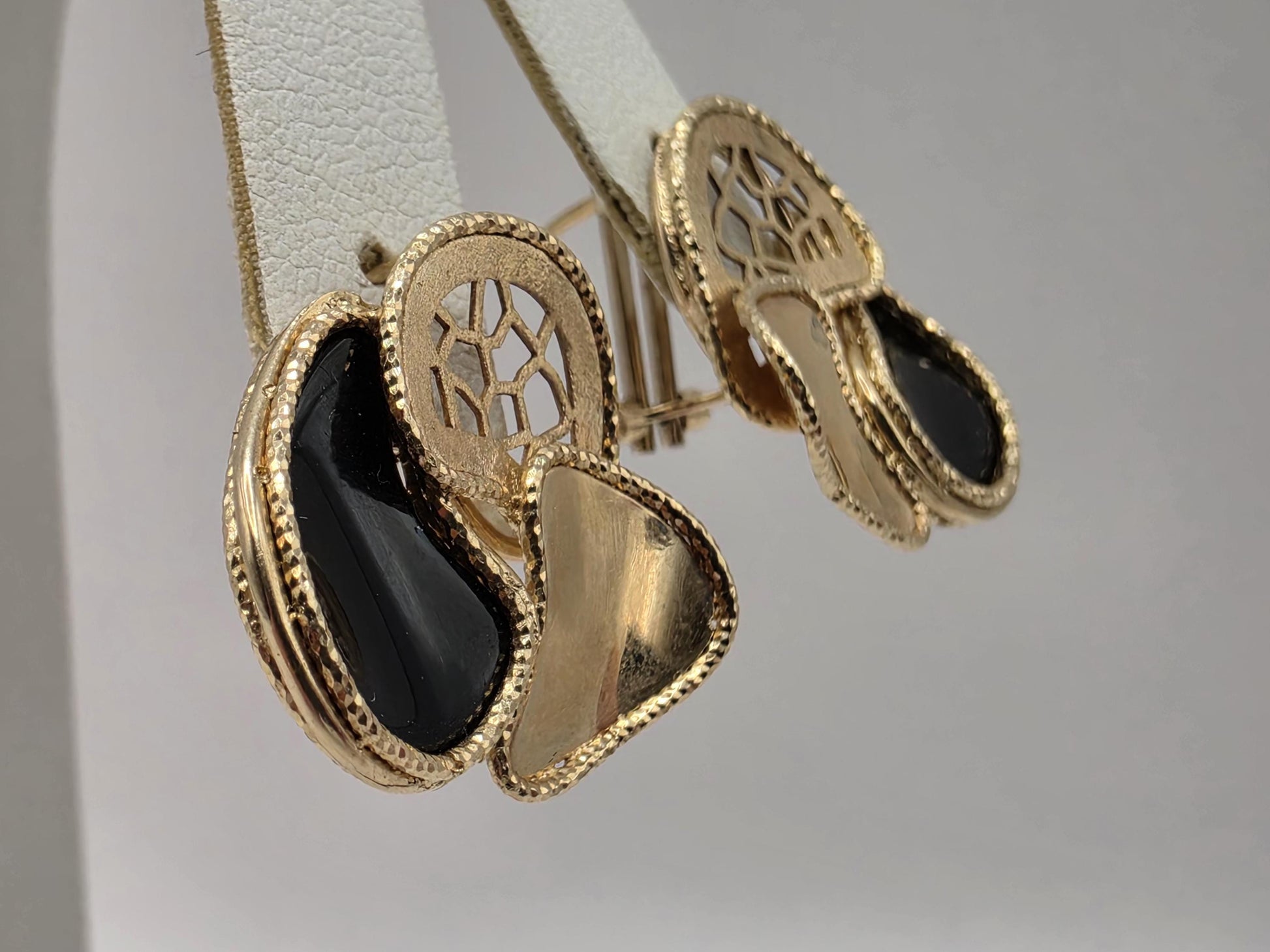 14K Yellow Gold Black Onyx Geometric Drop Earrings 0.875 Inch 6.5g Solid Gold Fine Jewelry Gift for Her