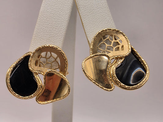 14K Yellow Gold Black Onyx Geometric Drop Earrings 0.875" 6.5g