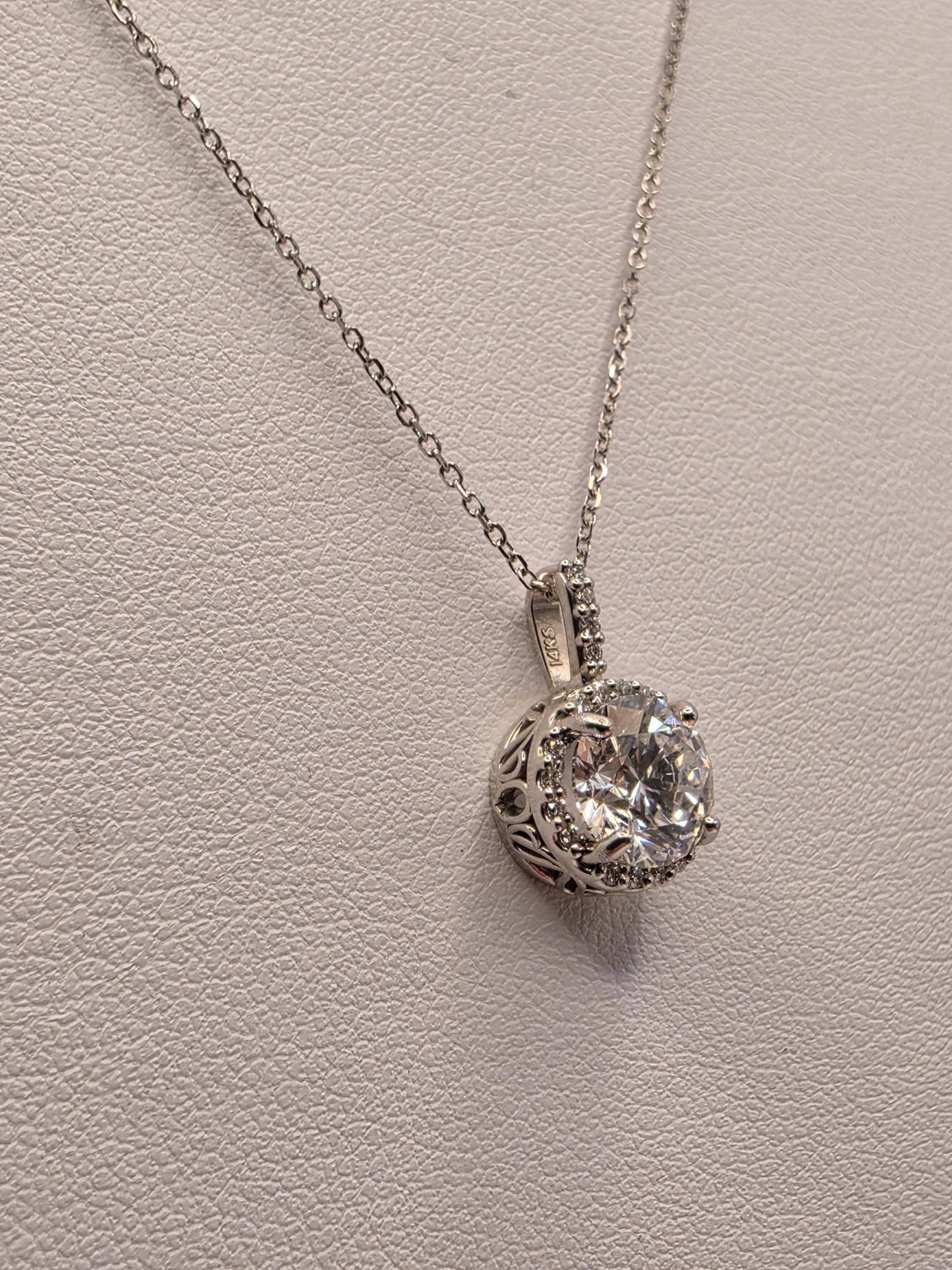 14K White Gold Lab Diamond Solitaire Pendant Necklace 18 Inch 2.8g Solid Gold Fine Jewelry Gift for Her