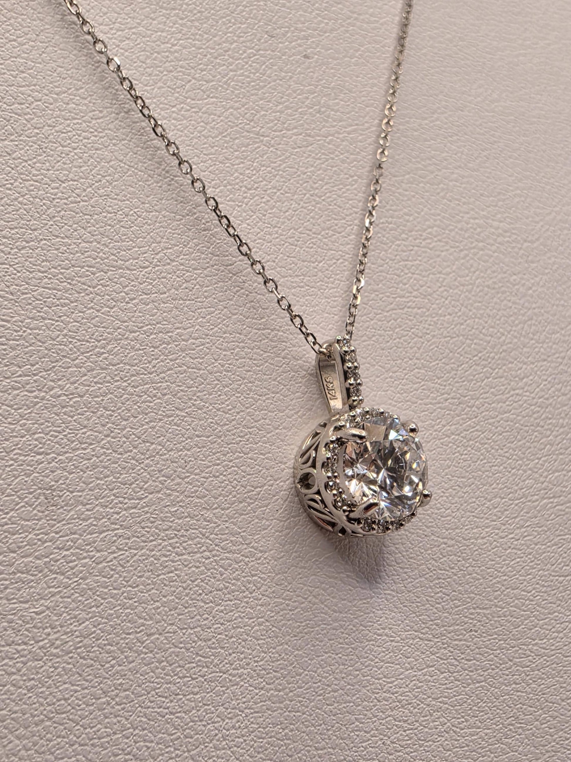 14K White Gold Lab Diamond Solitaire Pendant Necklace 18 Inch 2.8g Solid Gold Fine Jewelry Gift for Her