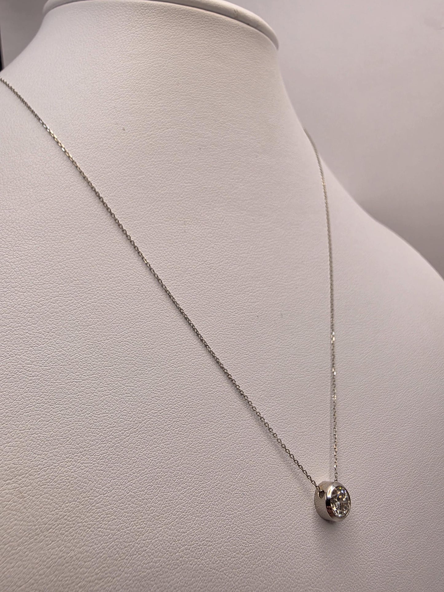 14K White Gold Lab Diamond Bezel Solitaire Necklace 18 Inch 2.1g Solid Gold Fine Jewelry Gift for Her