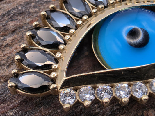 14K Yellow Gold Enamel Onyx CZ Evil Eye Pendant 0.75 x 1.75 Inch 5.6g Cubic Zirconia Solid Gold Protection Amulet Fine Jewelry