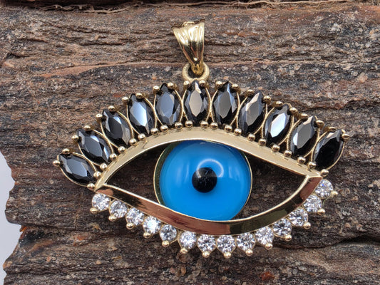 14K Yellow Gold Enamel Onyx CZ Evil Eye Pendant 0.75 x 1.75" 5.6g