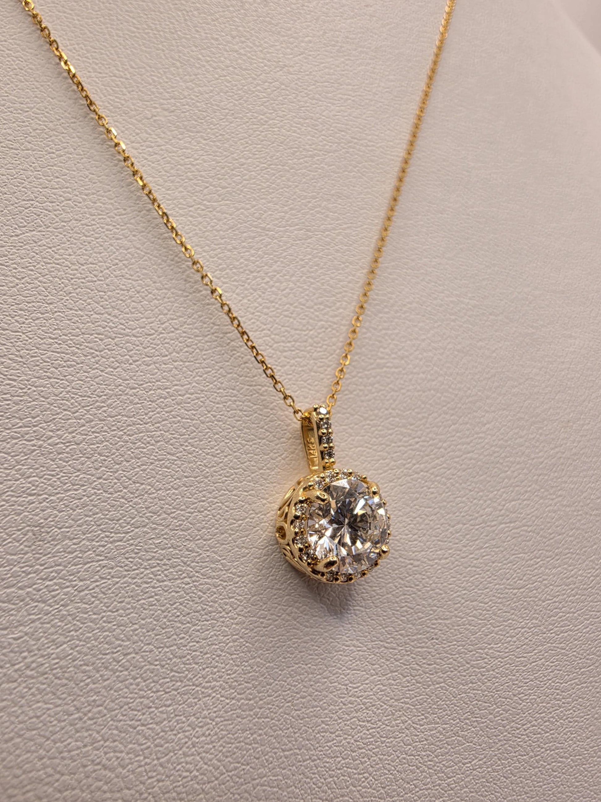 14K Yellow Gold Lab Diamond Halo Pendant Necklace 18 Inch 2.8g Solid Gold Fine Jewelry Gift for Her