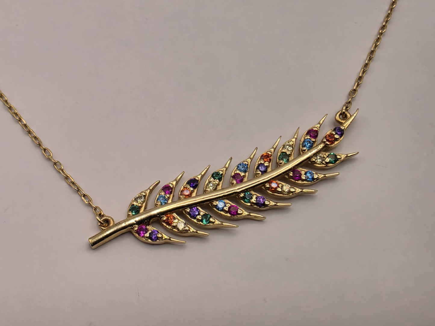 18K Yellow Gold Multicolor CZ Feather Necklace 16.75 Inch 2.7g Cubic Zirconia Solid Gold Fine Jewelry Gift for Her