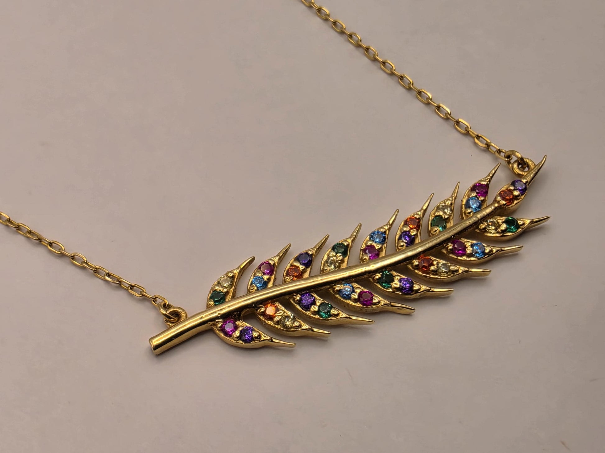 18K Yellow Gold Multicolor CZ Feather Necklace 16.75 Inch 2.7g Cubic Zirconia Solid Gold Fine Jewelry Gift for Her