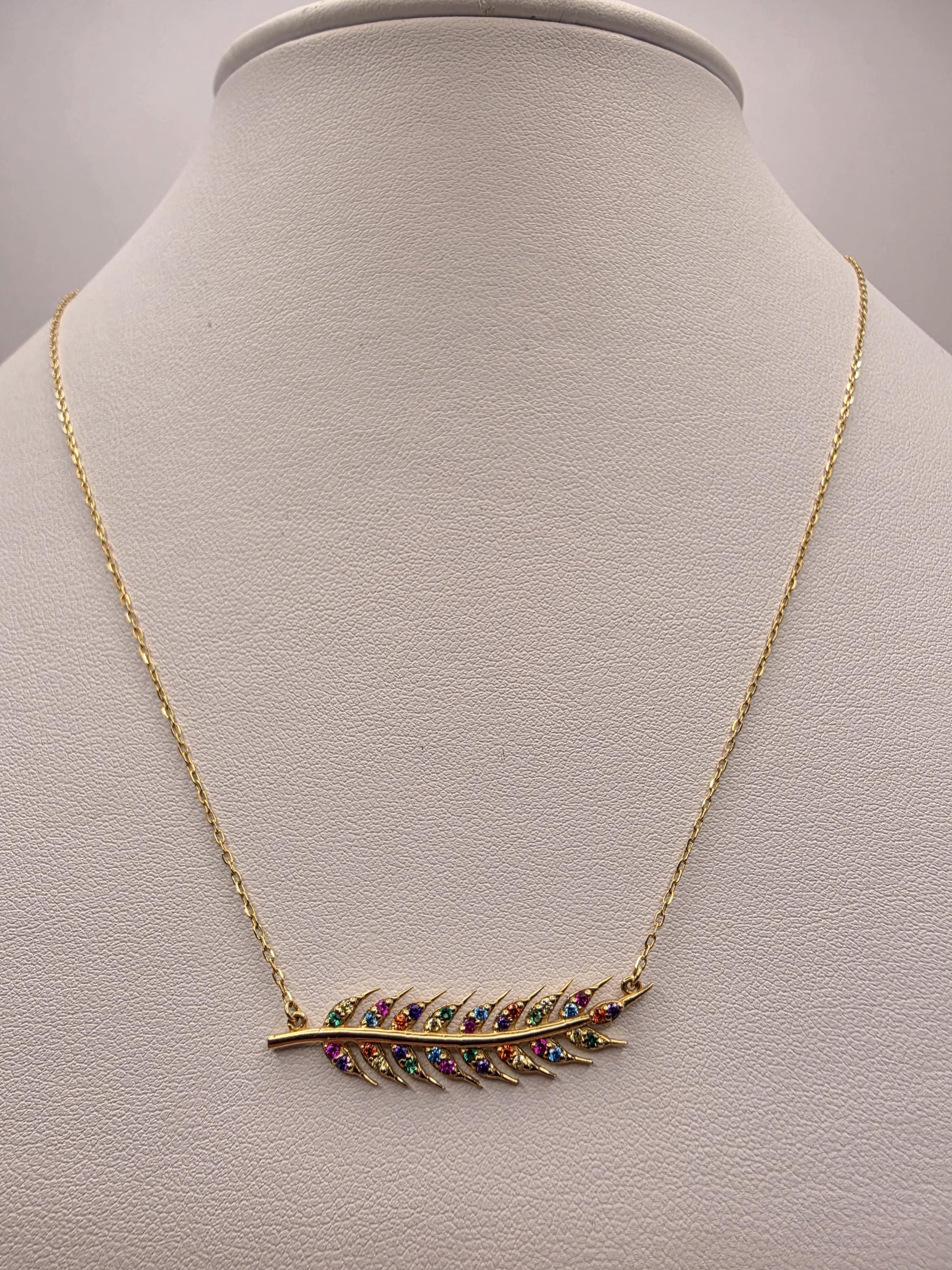 18K Yellow Gold Multicolor CZ Feather Necklace 16.75 Inch 2.7g Cubic Zirconia Solid Gold Fine Jewelry Gift for Her