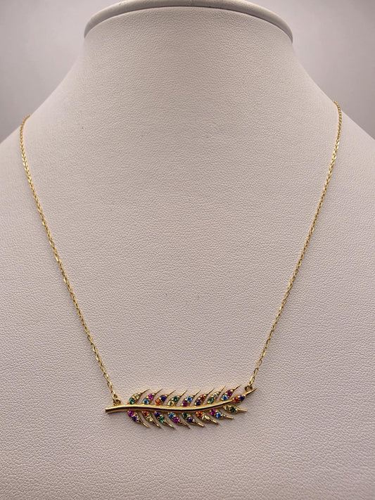 18K Yellow Gold Multicolor CZ Feather Necklace 16.75 Inch 2.7g Cubic Zirconia Solid Gold Fine Jewelry Gift for Her