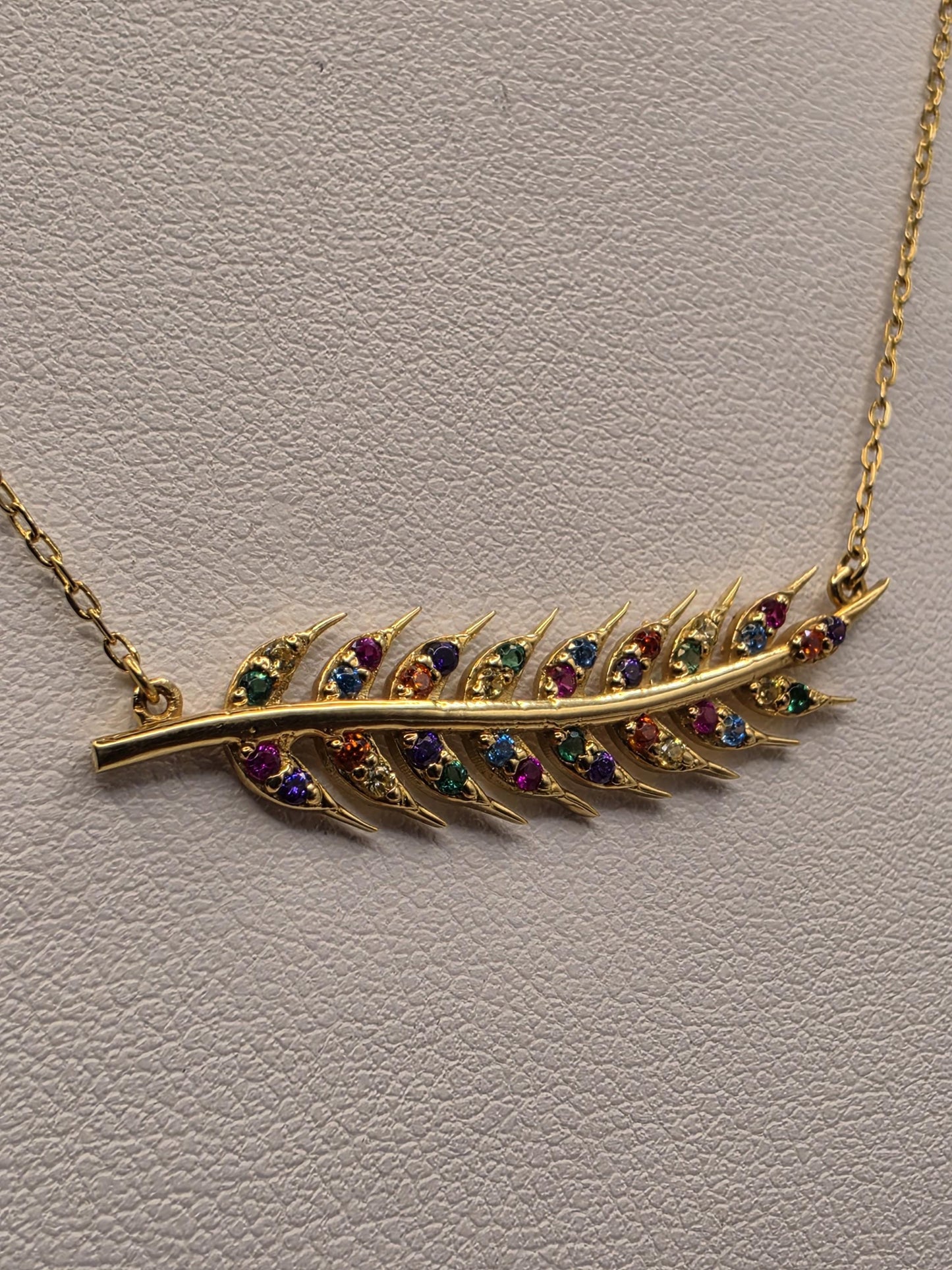 18K Yellow Gold Multicolor CZ Feather Necklace 16.75 Inch 2.7g Cubic Zirconia Solid Gold Fine Jewelry Gift for Her