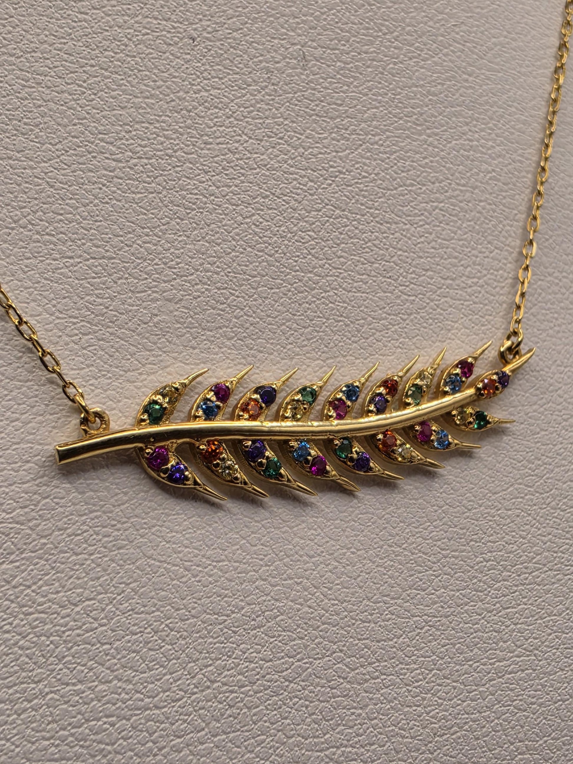 18K Yellow Gold Multicolor CZ Feather Necklace 16.75 Inch 2.7g Cubic Zirconia Solid Gold Fine Jewelry Gift for Her