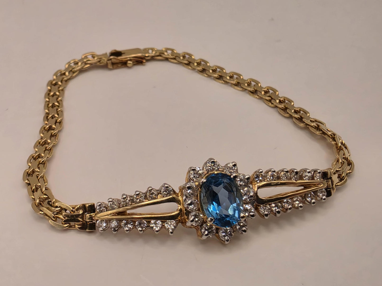 14K Yellow Gold Blue Topaz Halo Bracelet 7 Inch 9.1g Solid Gold Fine Jewelry Gift for Her