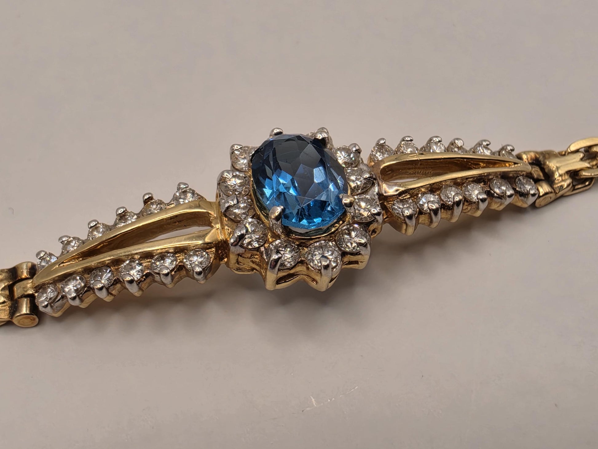 14K Yellow Gold Blue Topaz Halo Bracelet 7 Inch 9.1g Solid Gold Fine Jewelry Gift for Her
