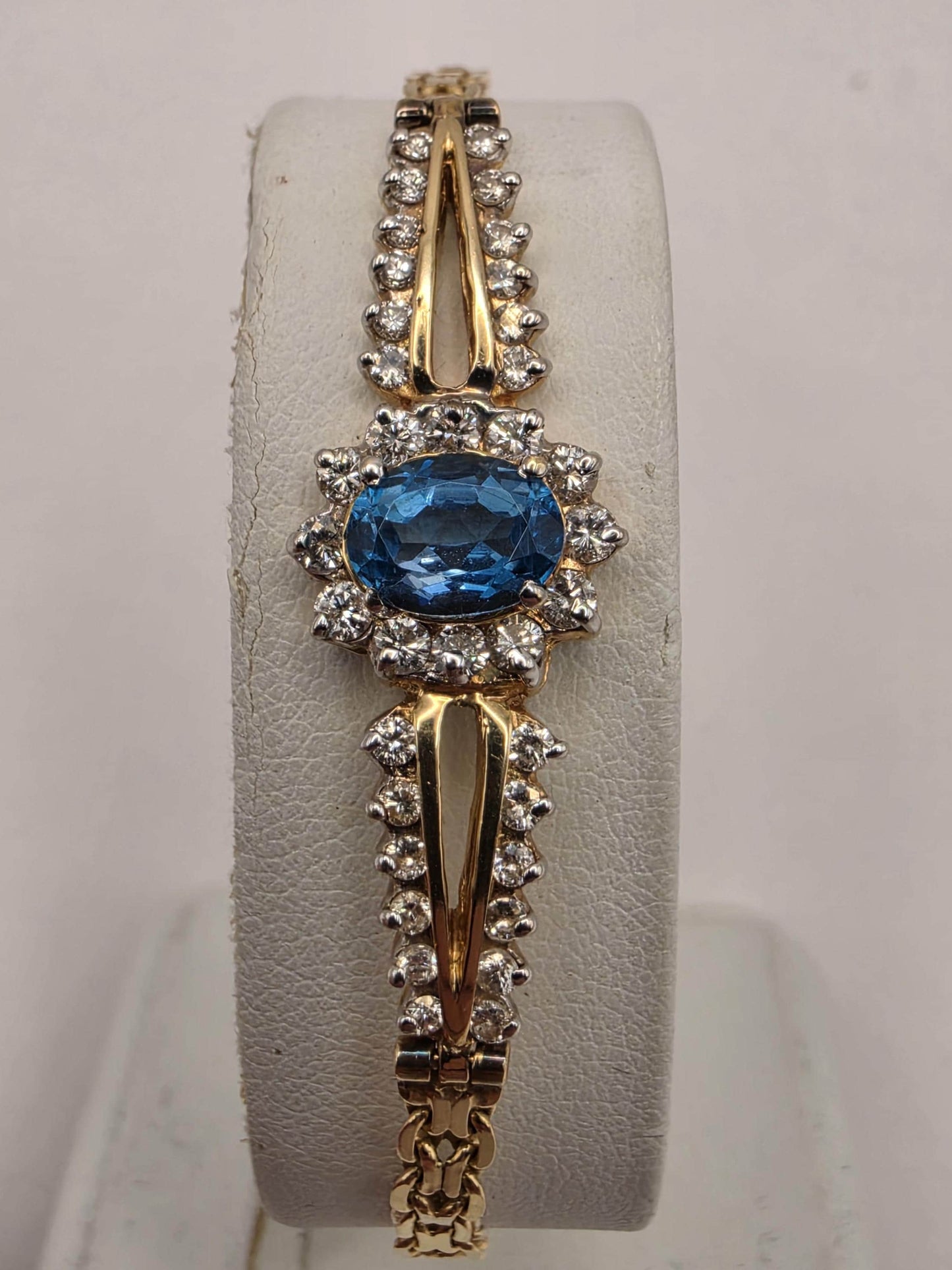 14K Yellow Gold Blue Topaz Halo Bracelet 7 Inch 9.1g Solid Gold Fine Jewelry Gift for Her
