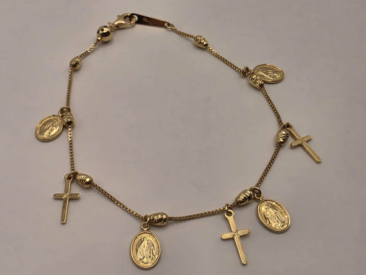 14K Yellow Gold Cross and Medallion Charm Bracelet 7.5" 4.2g