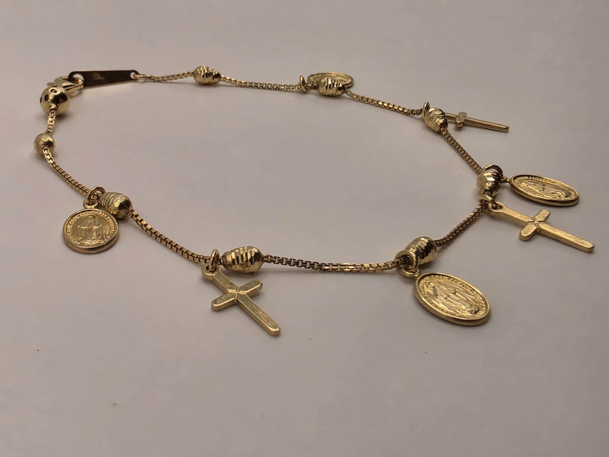 14K Yellow Gold Cross and Medallion Charm Bracelet 7.5 Inch 4.2g Solid Gold Religious Fine Jewelry Gift