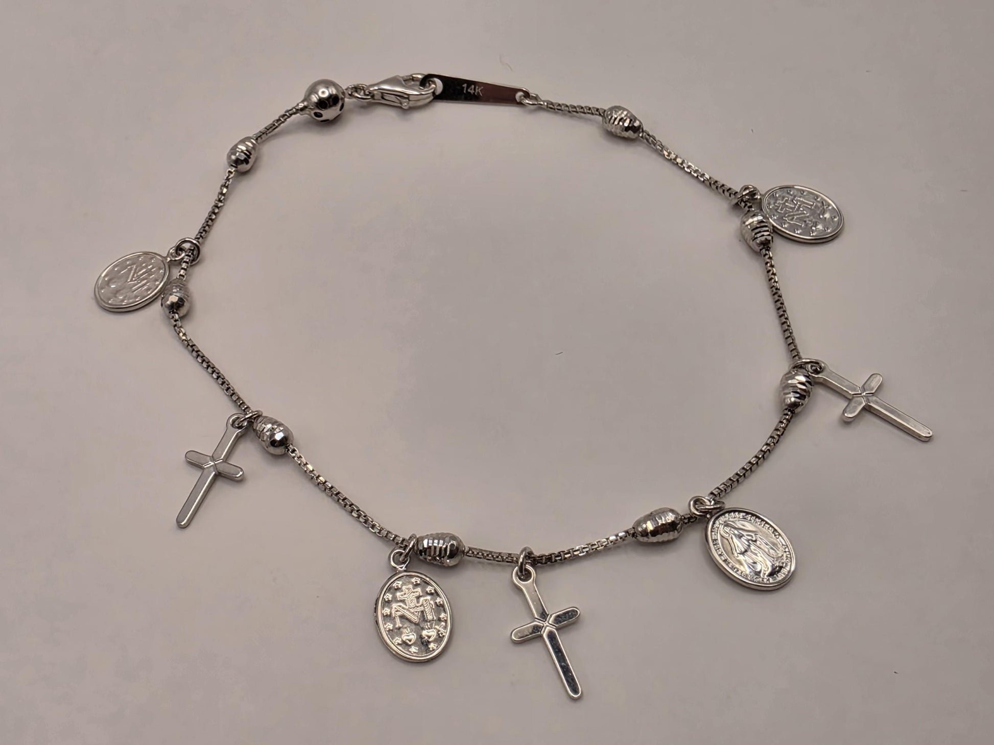 14K White Gold Cross and Medallion Charm Bracelet 7.5" 4.1g