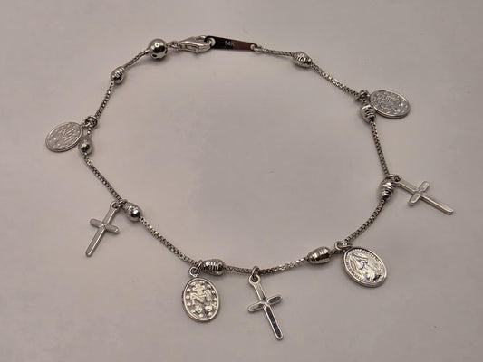 14K White Gold Cross and Medallion Charm Bracelet 7.5" 4.1g