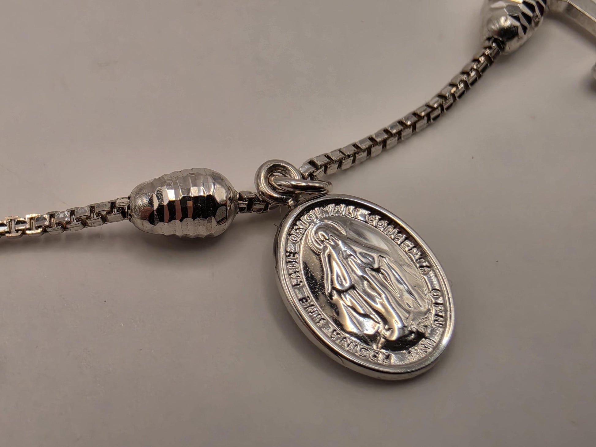 14K White Gold Cross and Medallion Charm Bracelet 7.5 Inch 4.1g Solid Gold Religious Fine Jewelry Gift
