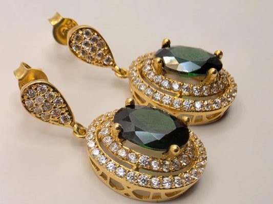 18K Yellow Gold Emerald CZ Halo Drop Earrings 0.5 x 0.375 Inch 4.1g Cubic Zirconia Solid Gold Fine Jewelry Gift for Her