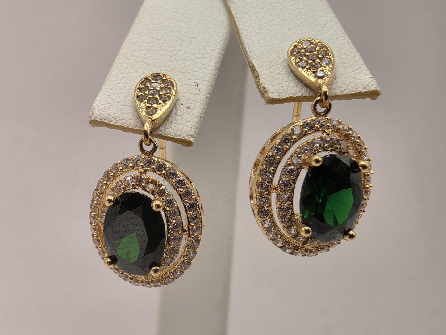 18K Yellow Gold Emerald CZ Halo Drop Earrings 0.5 x 0.375 Inch 4.1g Cubic Zirconia Solid Gold Fine Jewelry Gift for Her